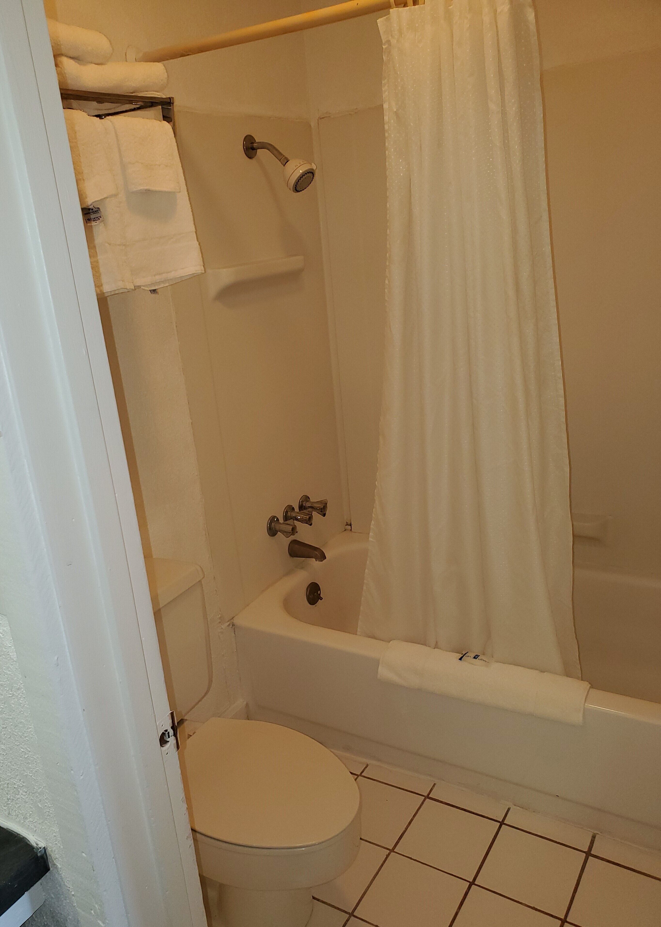A bathroom with a bathtub, shower, toilet, and a towel rack with towels.