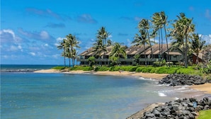 Un hotel frente a la playa con varias construcciones, palmeras y un litoral rocoso.
