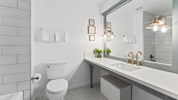 A modern bathroom with a toilet, sink, and mirror.