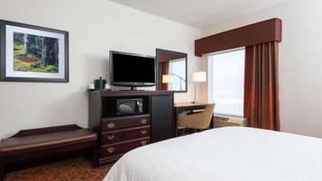 A hotel room with a bed, a desk, a television, a microwave, a chair, and a large window with curtains.