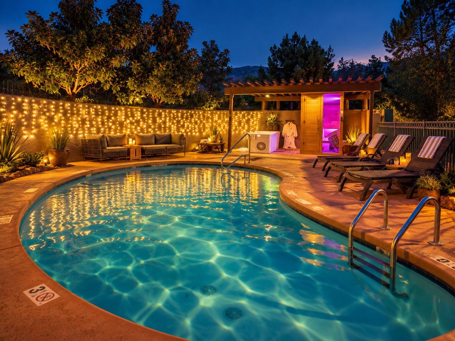 Piscina com área central submersa, rodeada por espreguiçadeiras e um espaço coberto com iluminação de corda.