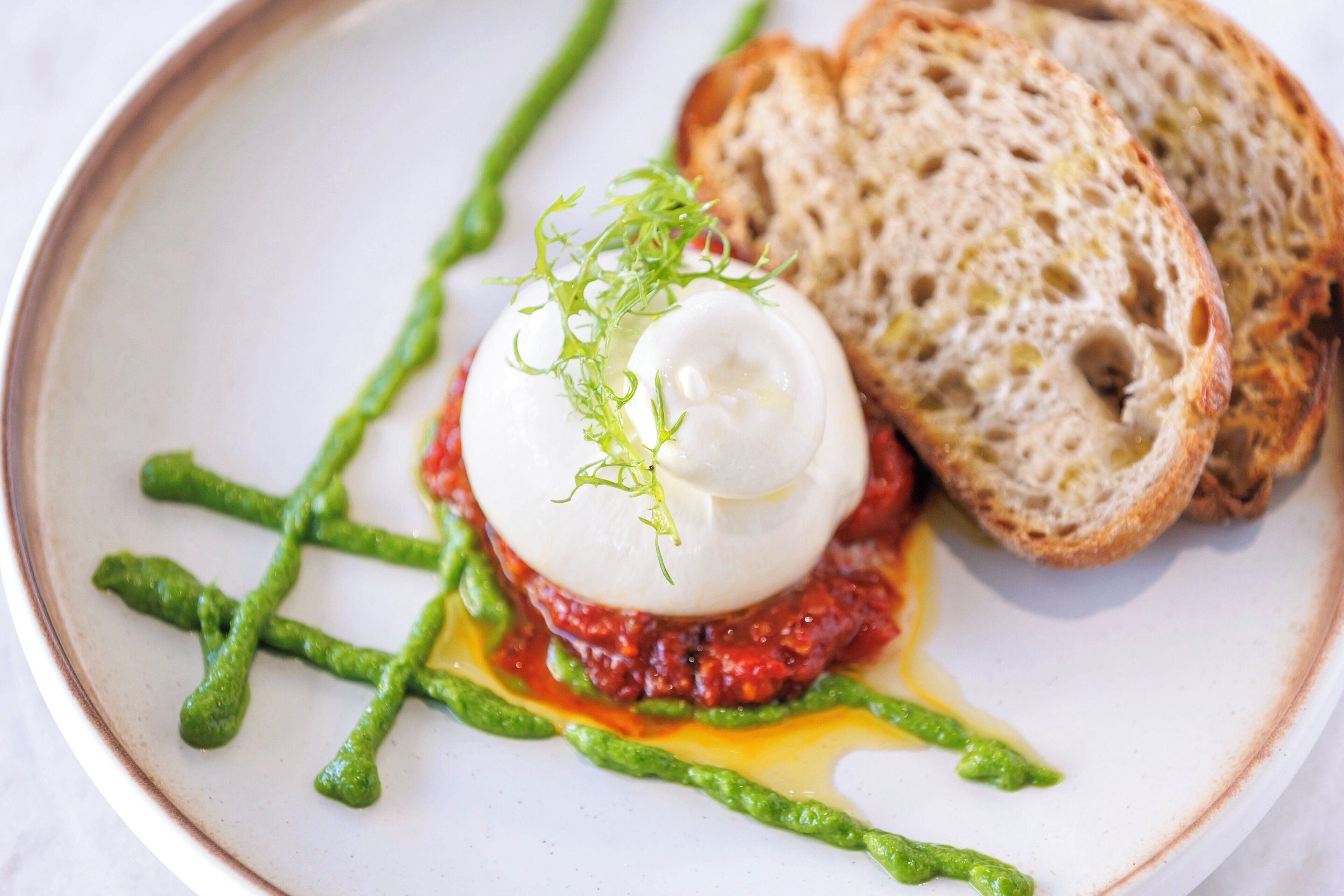 A plate with a poached egg, green sauce, and bread.