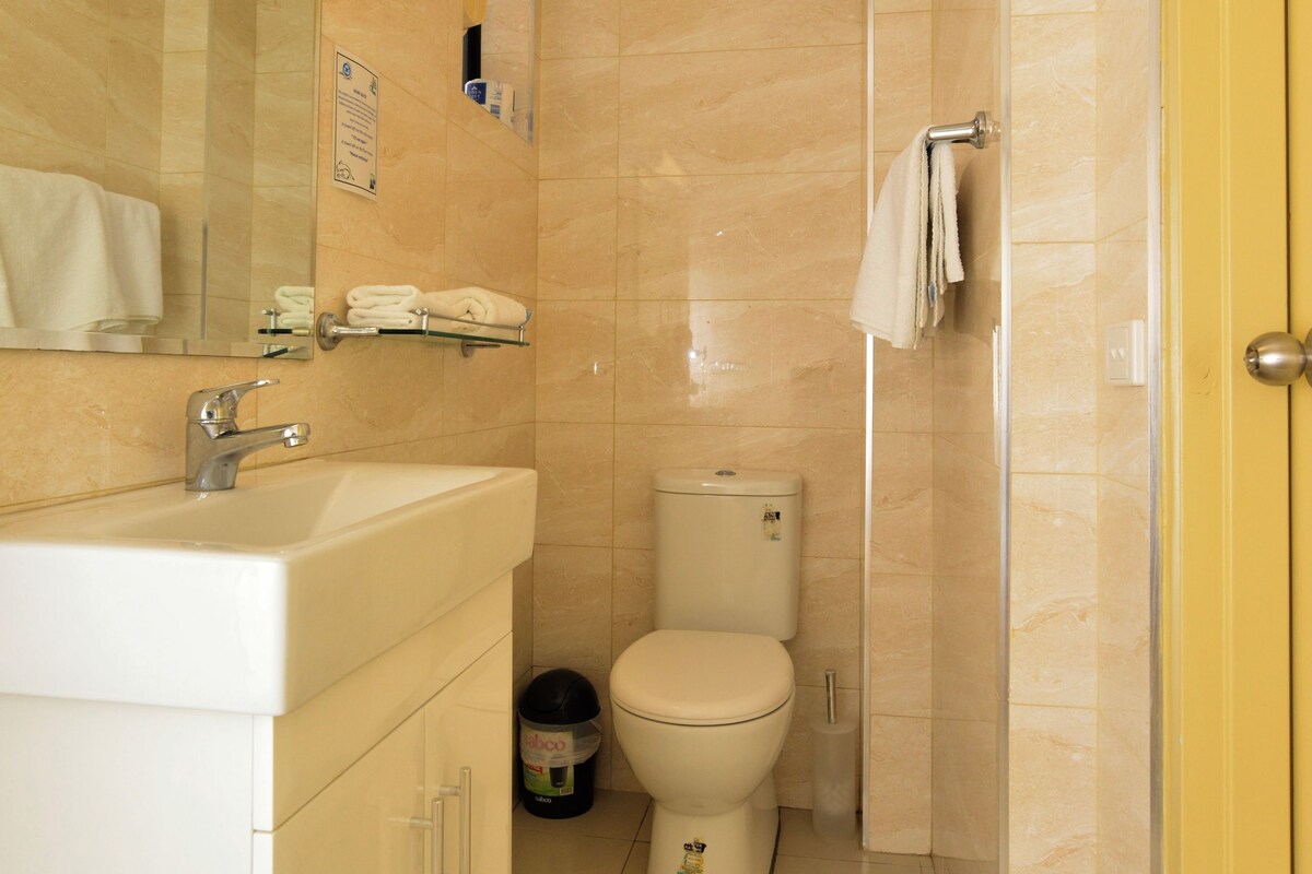 Une salle de bain équipée d’un lavabo, d’un miroir, de toilettes et d’un espace douche.
