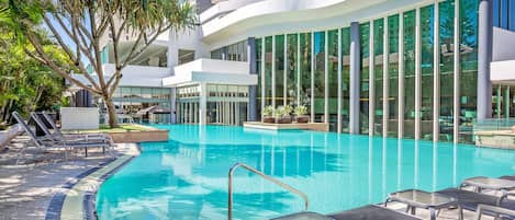 Outdoor pool, sun loungers