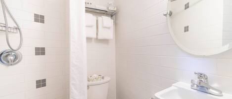 Une salle de bain avec douche, toilettes et lavabo.