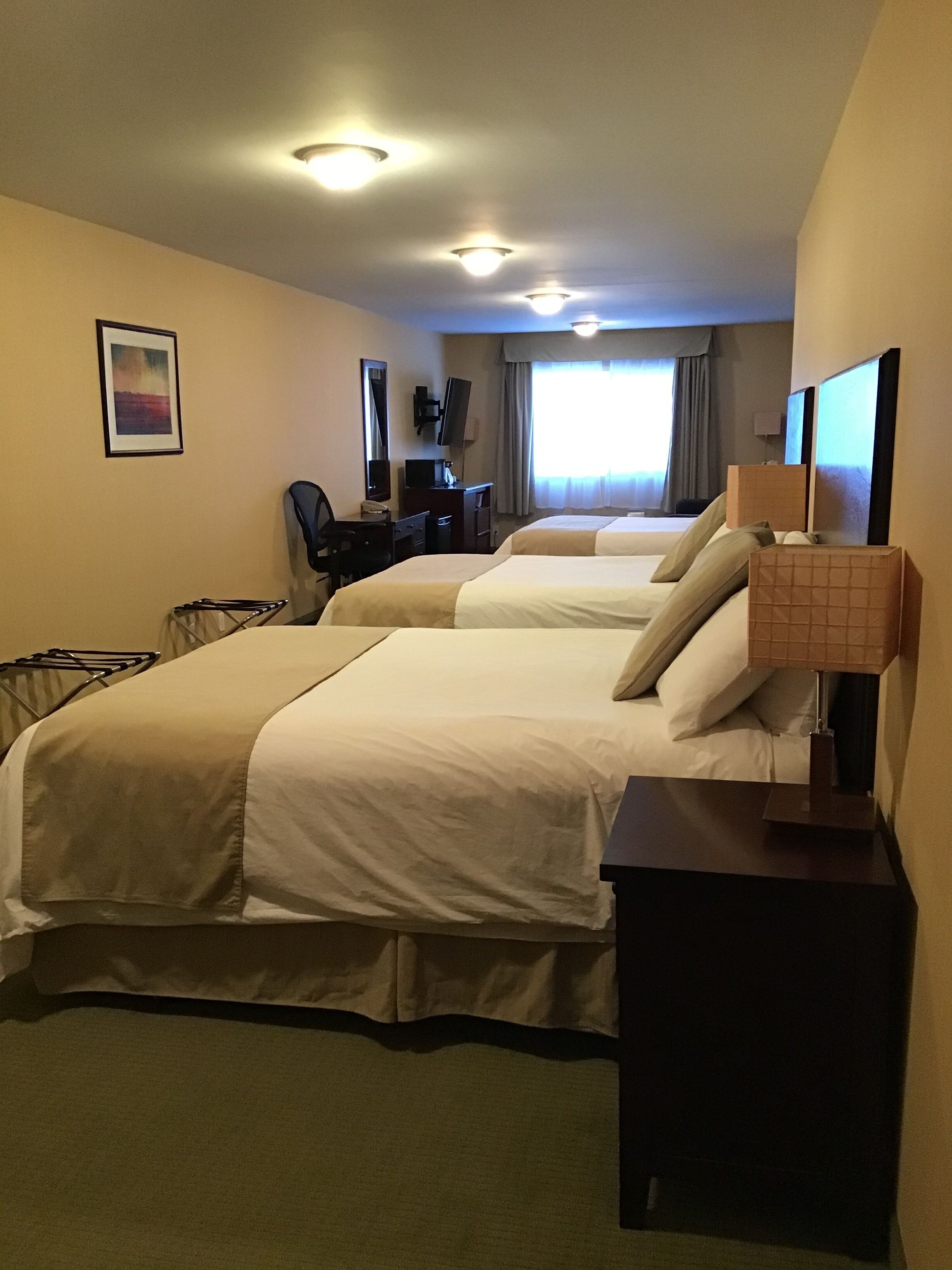 Een hotelkamer met twee bedden, een bureau, een stoel, een televisie en een raam met gordijnen.