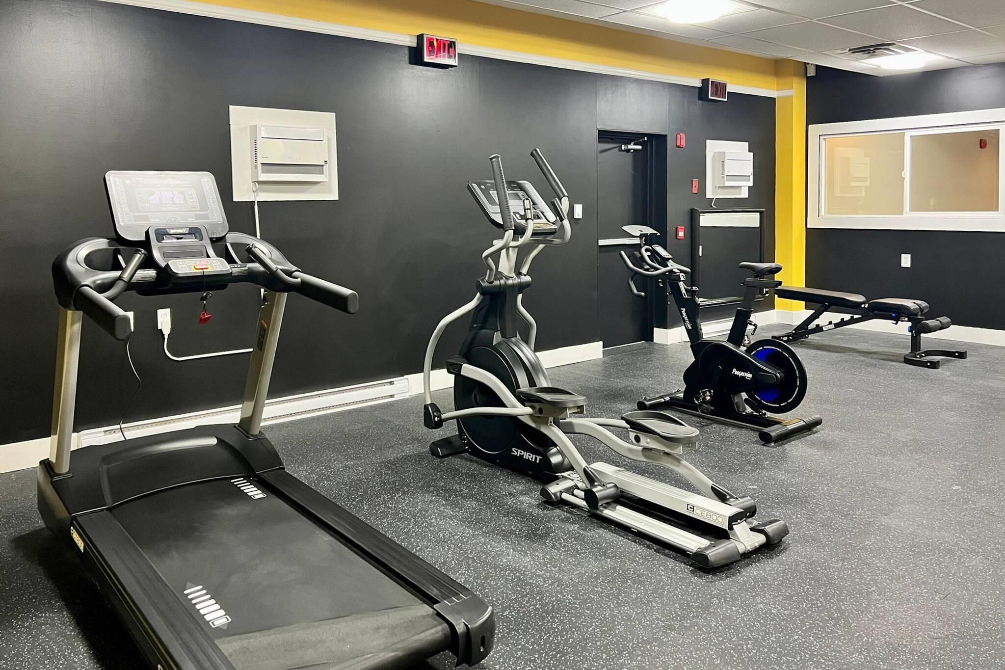 A gym with treadmills, elliptical machines, and a stationary bike.