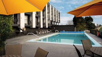 Outdoor pool, open 9 AM to 9:00 PM, pool umbrellas, sun loungers