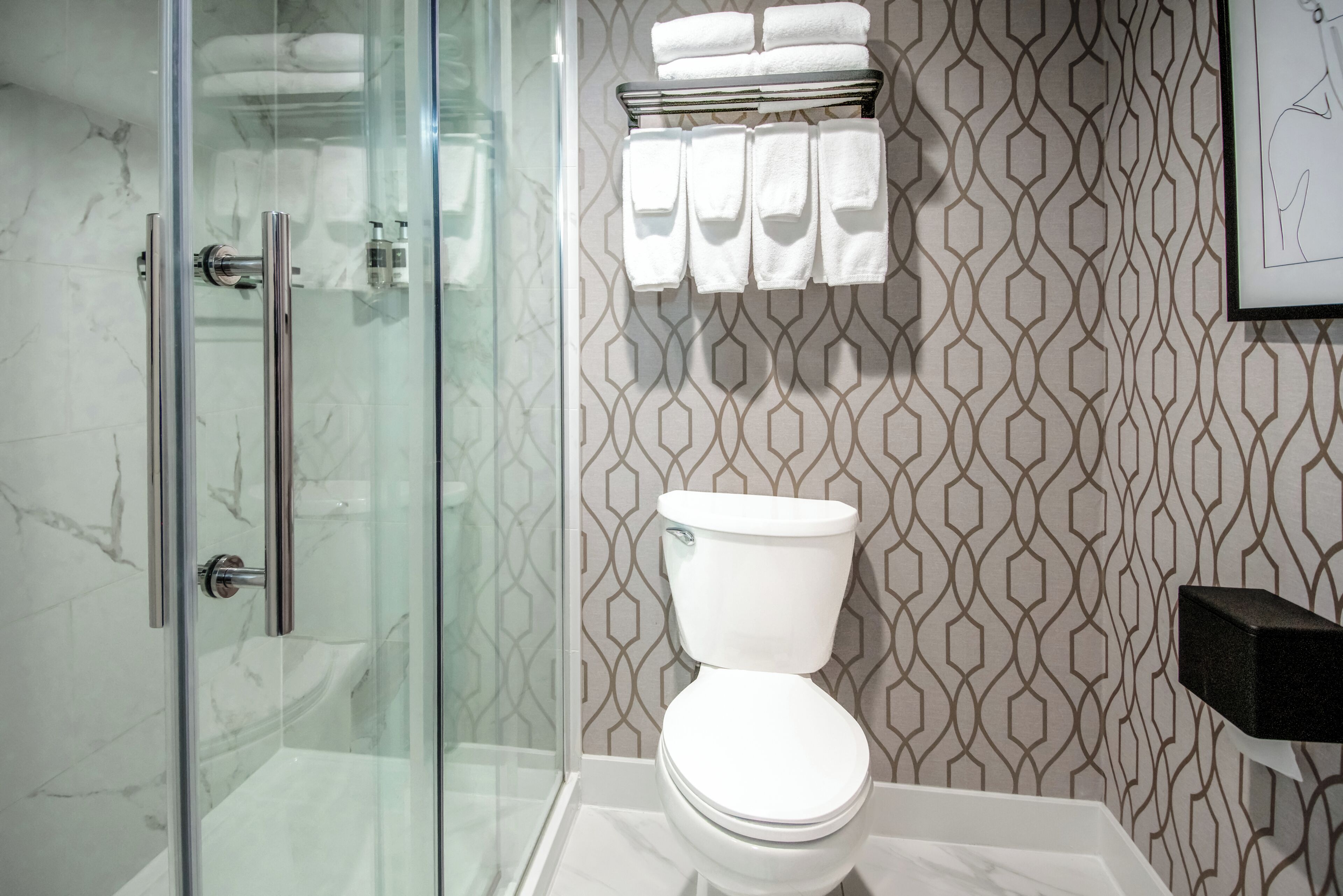 A bathroom with a glass shower enclosure, a toilet, and a towel rack with multiple towels.