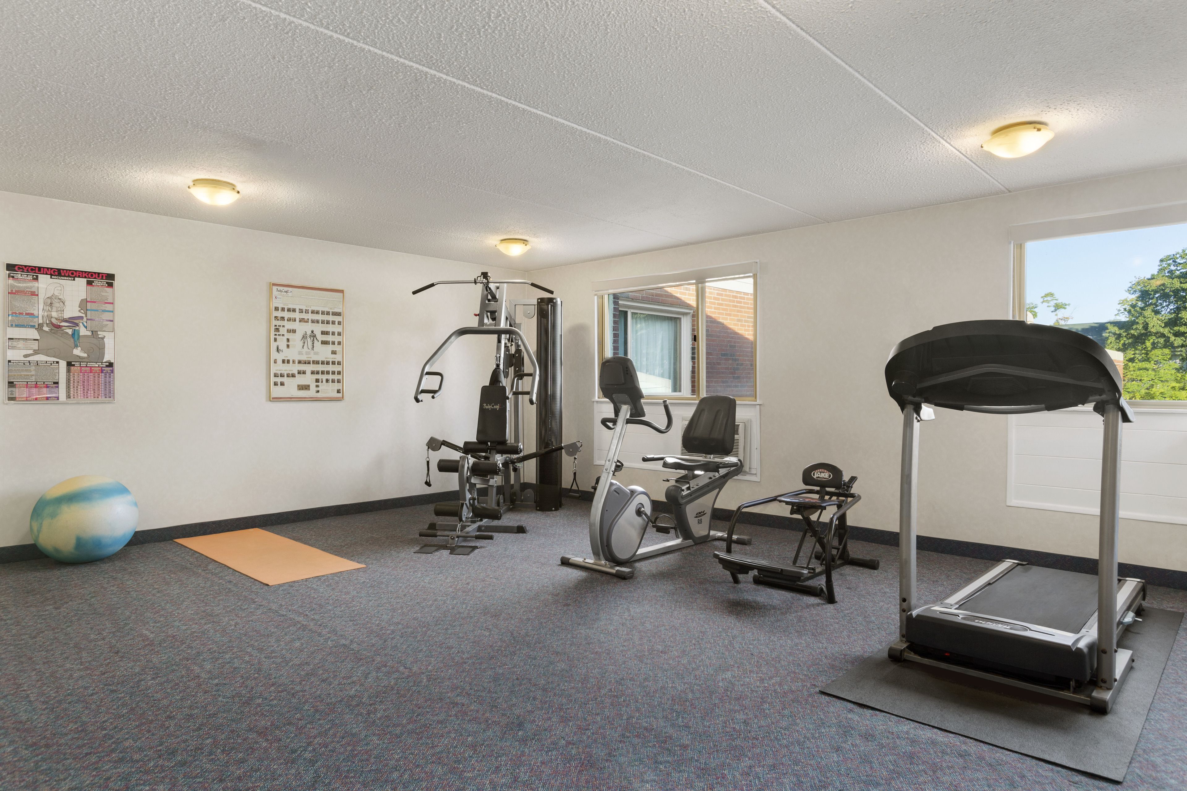 Un gimnasio con equipo de ejercicio, carteles en la pared y una ventana con vistas.