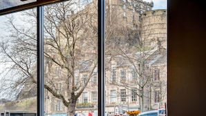 A view from a window overlooking a historic building with a stone facade, trees, and a street with parked cars.