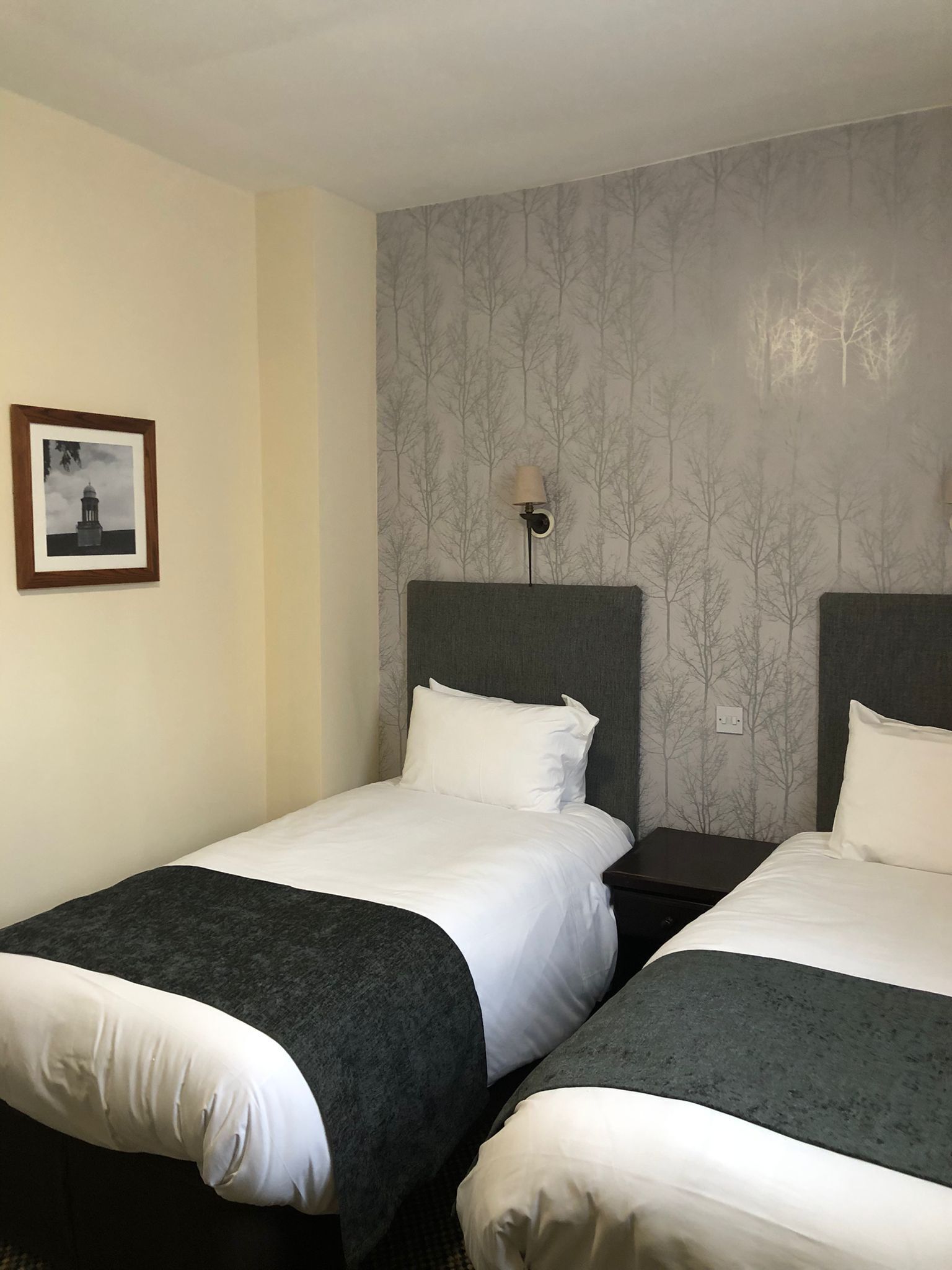 A hotel room with two beds, a nightstand, a lamp, and a framed picture on the wall.