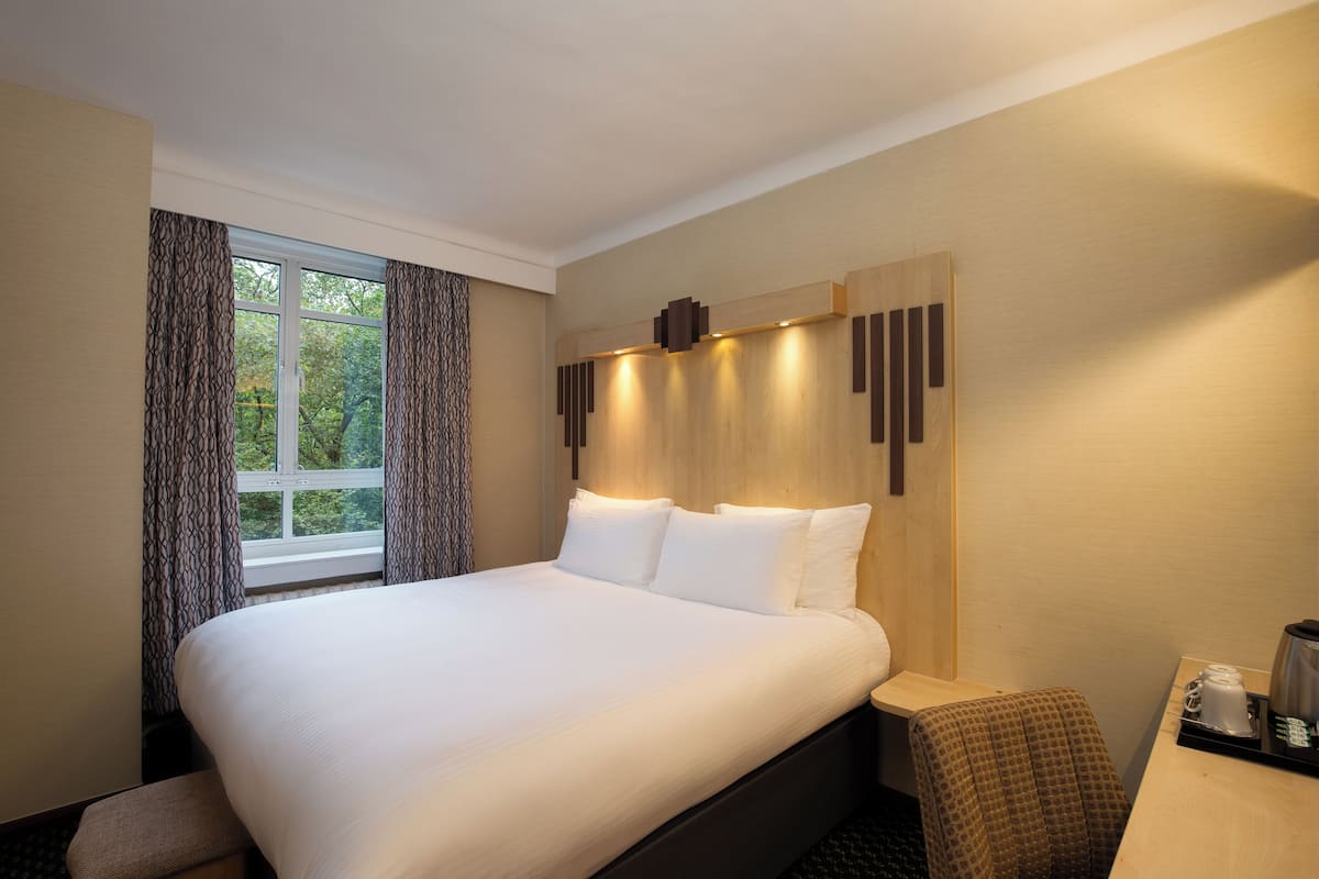 A hotel room with a large bed, a bedside table with a coffee maker, and a view of trees through the window.