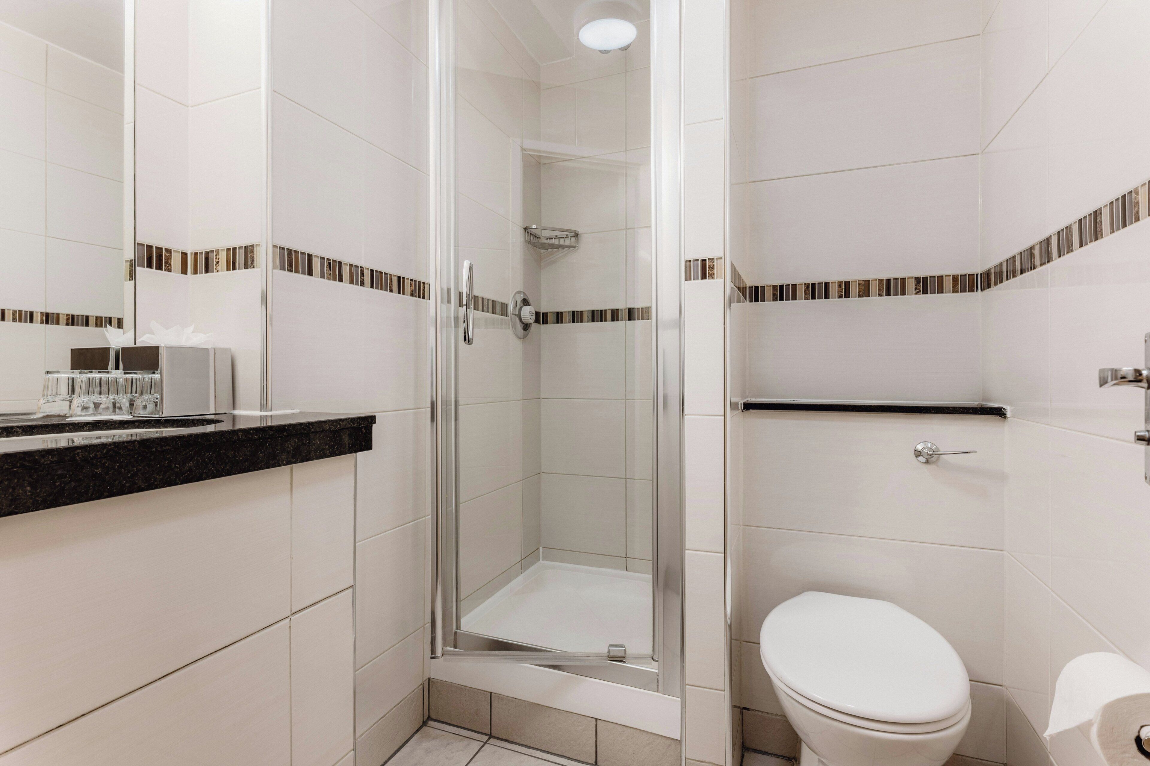 Une salle de bain équipée d’une douche, de toilettes et d’un lavabo avec un miroir.