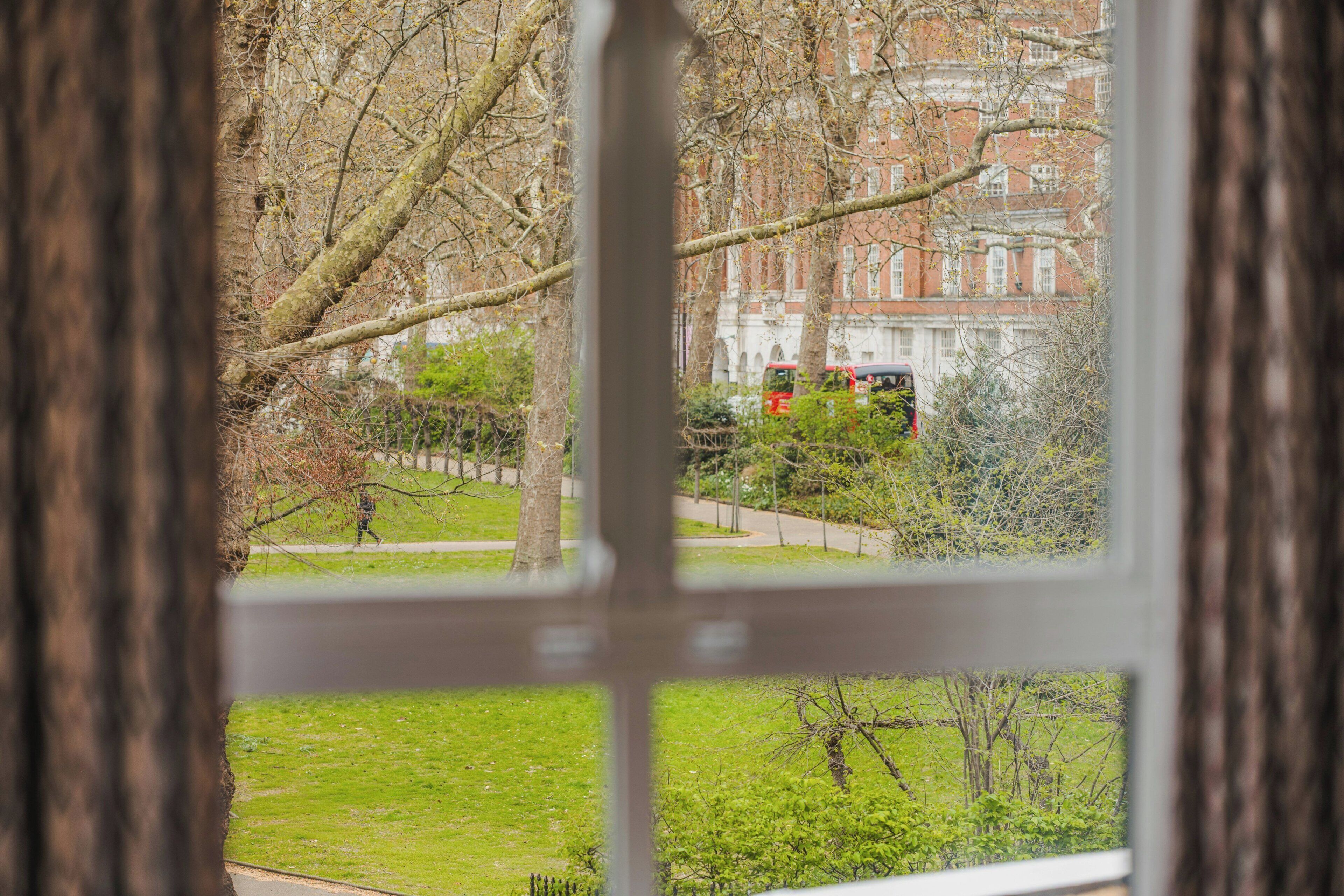Vista a través de una ventana, con un árbol en primer plano, un parque con un autobús rojo y un edificio de ladrillo rojo al fondo.