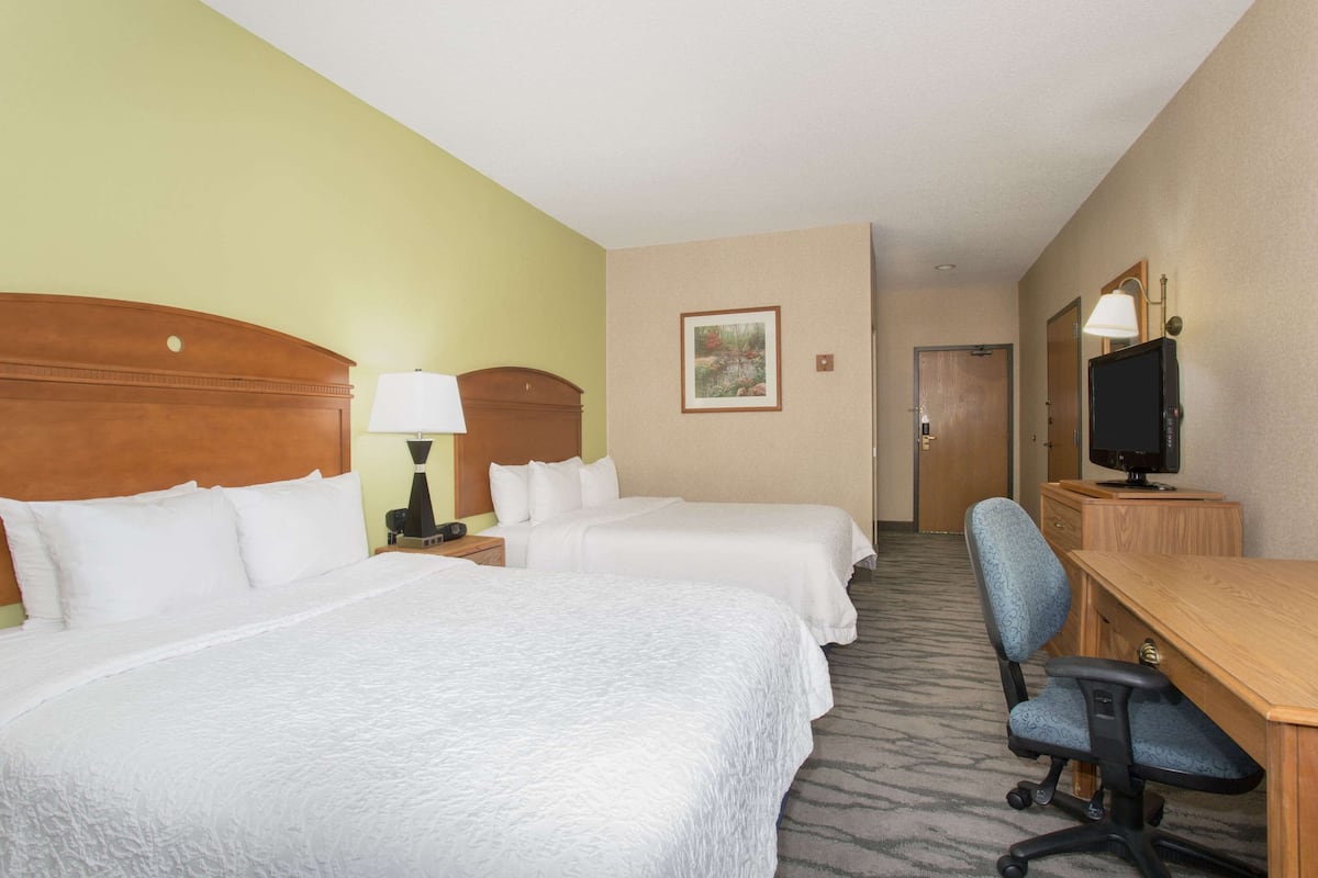 A hotel room with two beds, a desk, a chair, a television, and a painting on the wall.