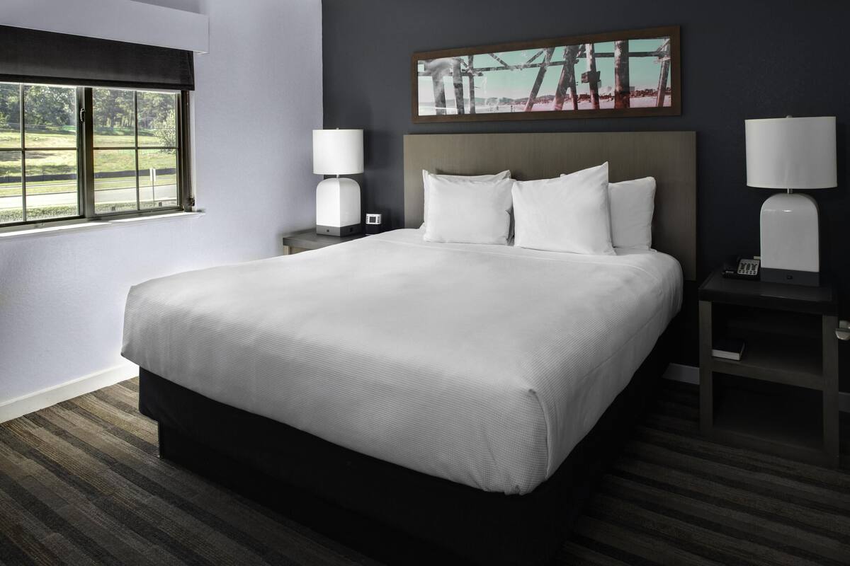 A large bed with a headboard, two bedside tables with lamps, a window with a view of greenery, and a painting on the wall.