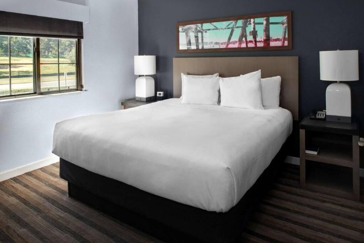 A hotel room with a large bed, two bedside tables with lamps, a window with a view, and a painting on the wall.