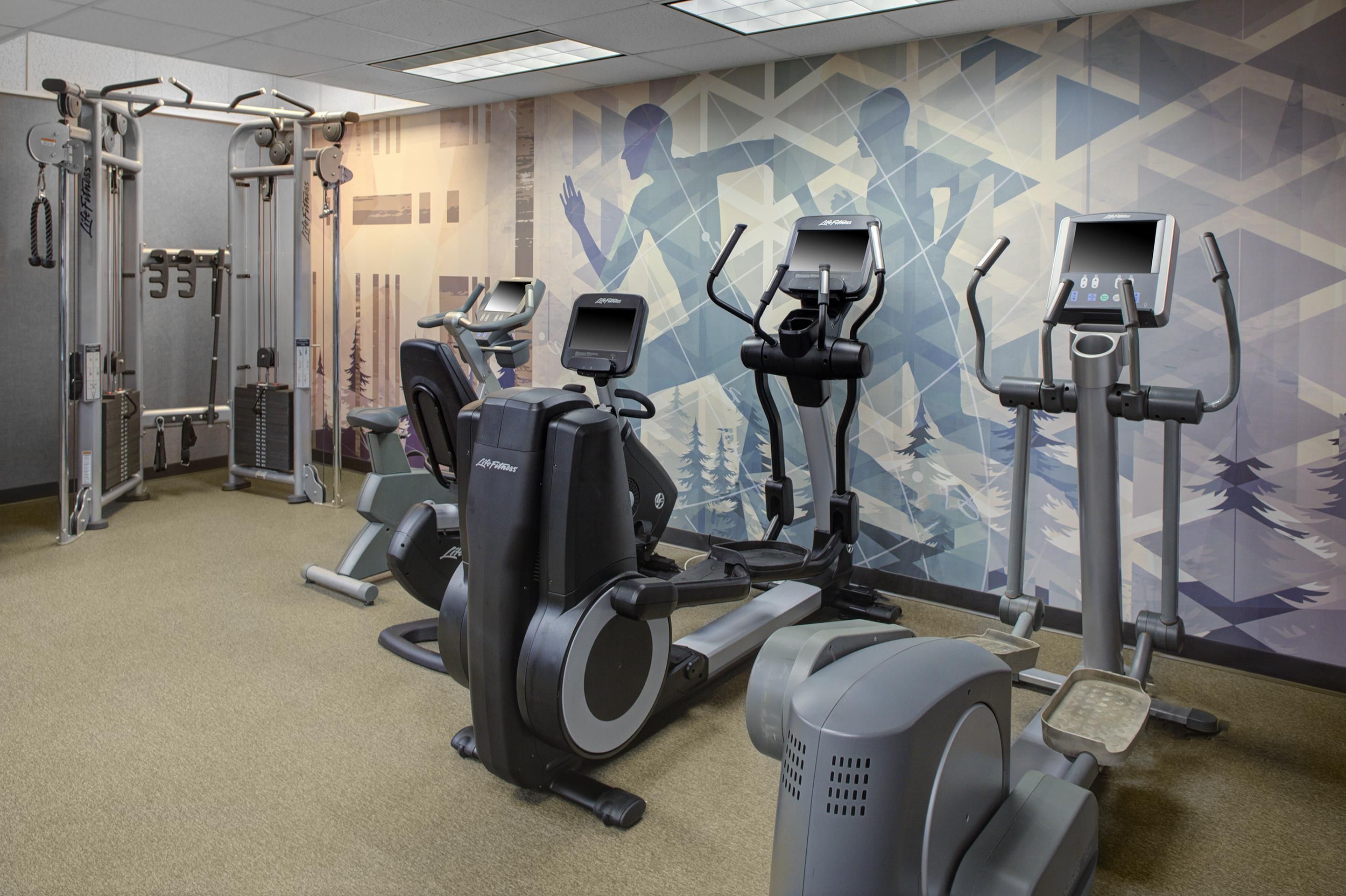 A gym with various exercise equipment including treadmills, stationary bikes, and weight machines.