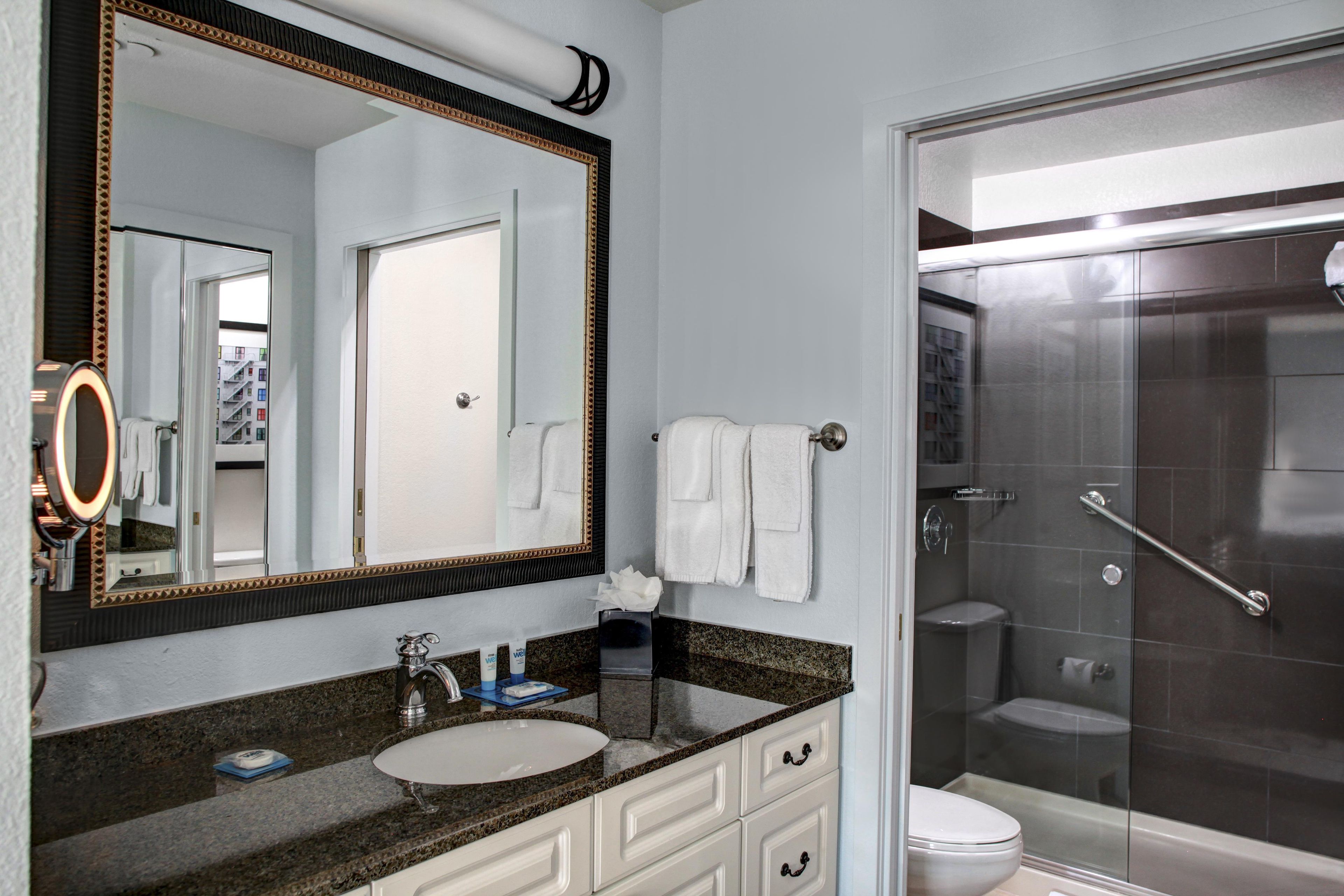 Un baño con un espejo grande, un lavabo, un inodoro y una zona de ducha.