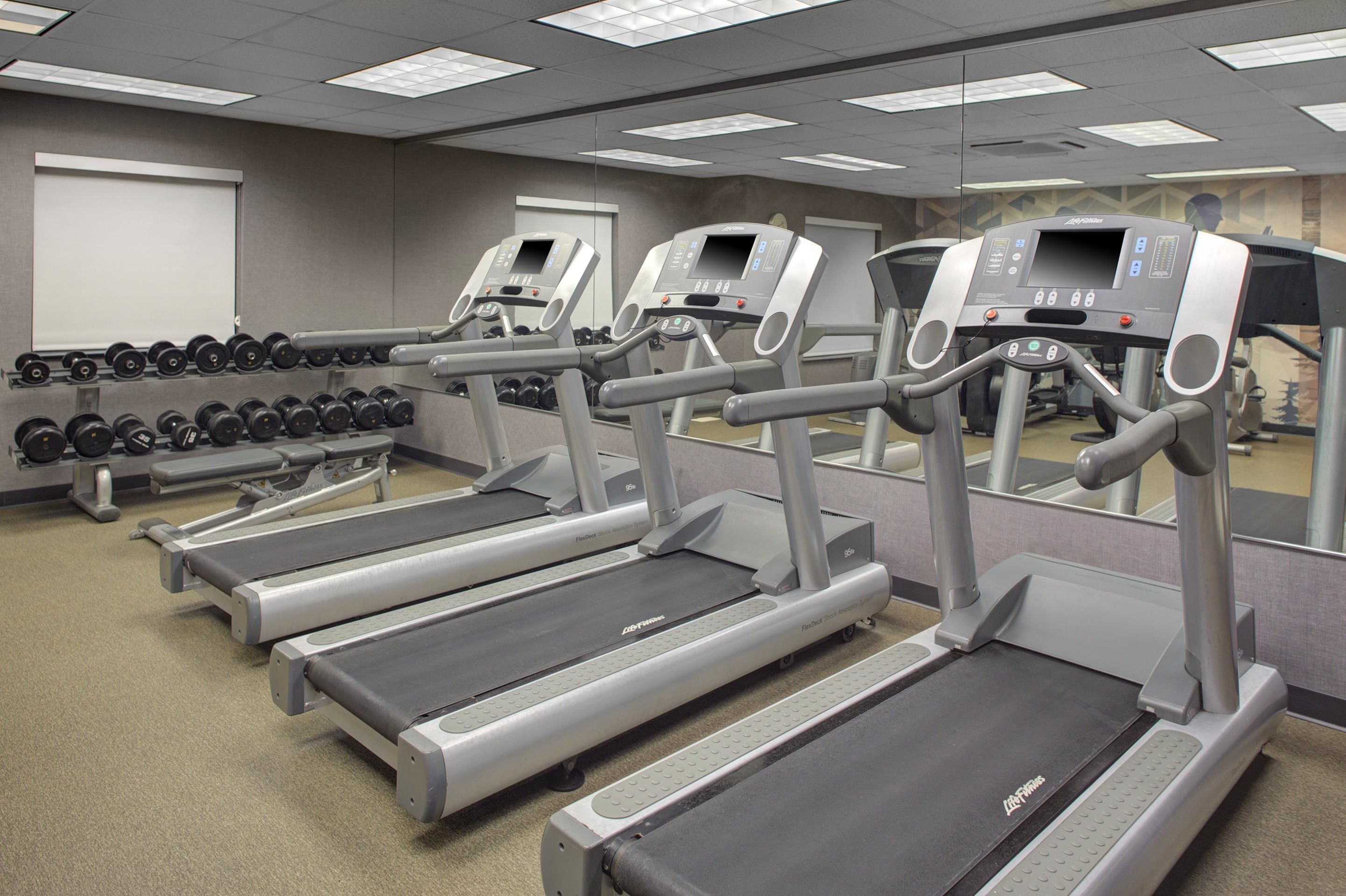 Et fitnesscenter med flere løbebånd, vægtbænke og et stativ med håndvægte.