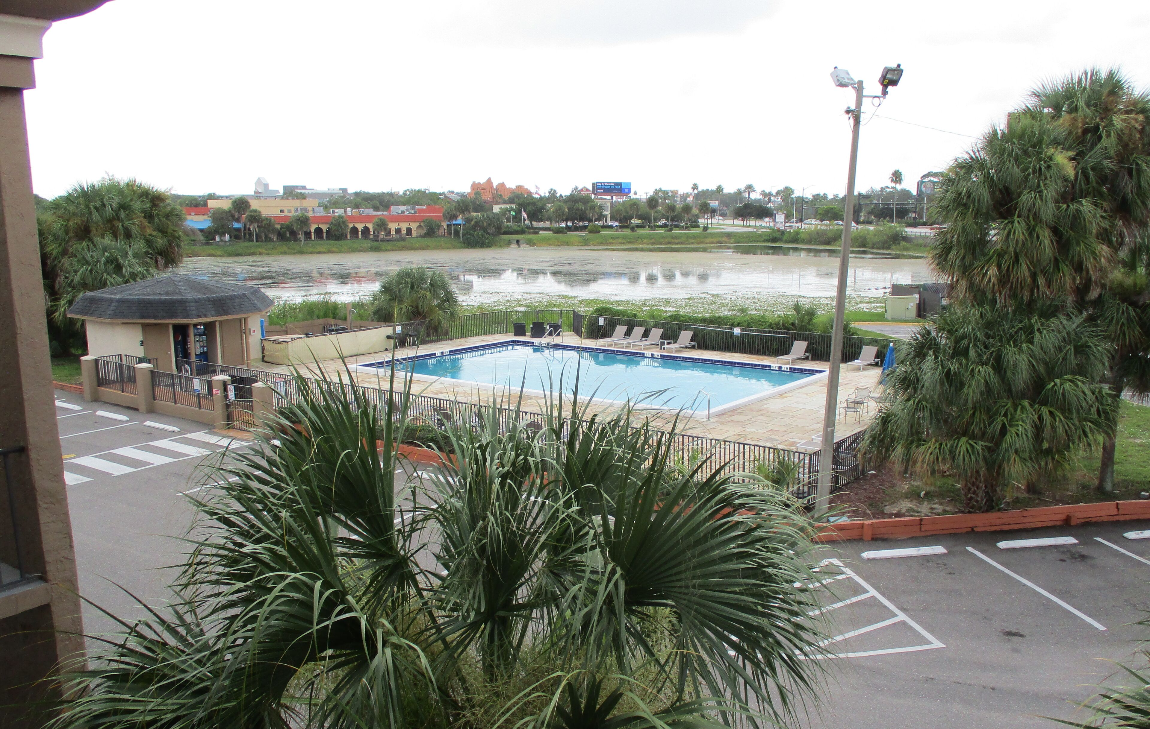 Una piscina con sillones de descanso, un edificio pequeño y vistas a un cuerpo de agua y edificios lejanos.