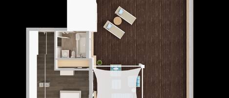 A top-down view of a modern hotel room with a wooden floor, a bed, a small bathroom, a seating area with a table and chairs, and a window.