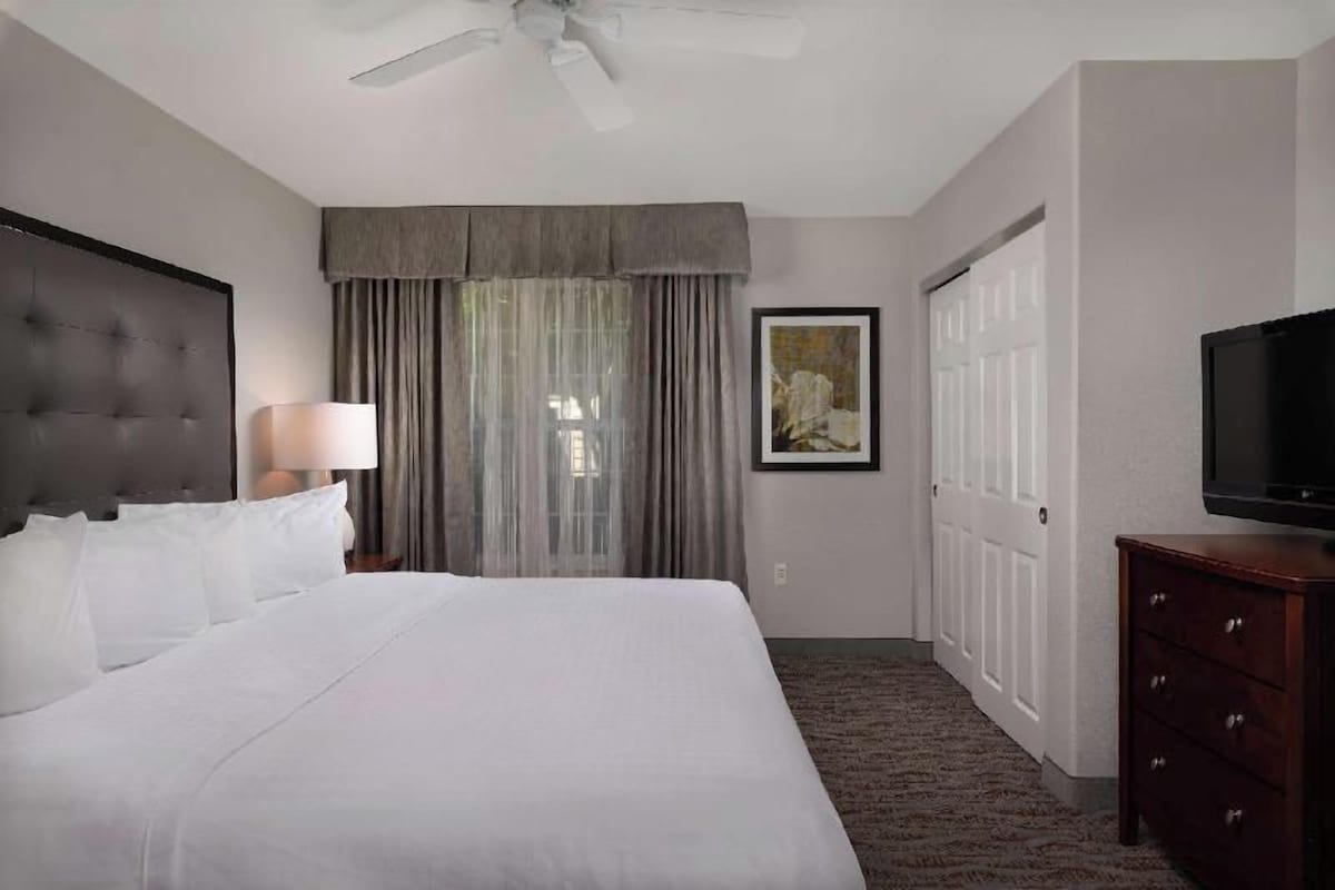 A hotel room with a bed, a television, a ceiling fan, a window with curtains, a door, and a painting on the wall.