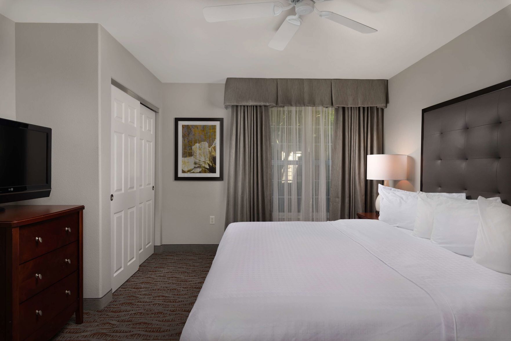 1 bedroom, laptop workspace, blackout drapes, iron/ironing board