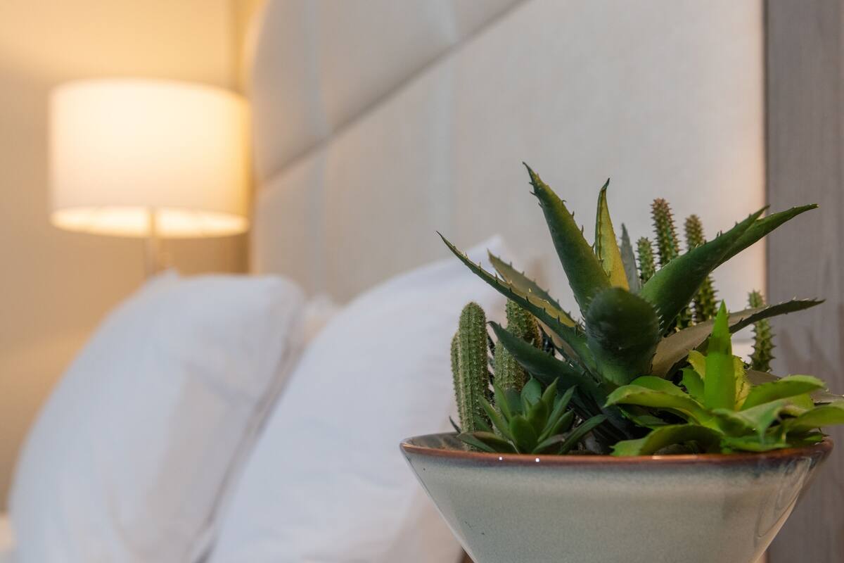 Tabla de planchar con plancha, wifi gratis, despertador y ropa de cama