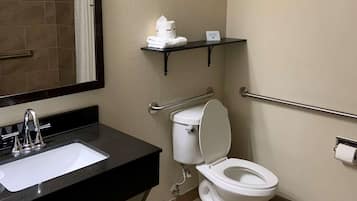 Une salle de bain équipée d’un lavabo, d’un miroir, de toilettes, d’un porte-serviettes et d’une barre d’appui.