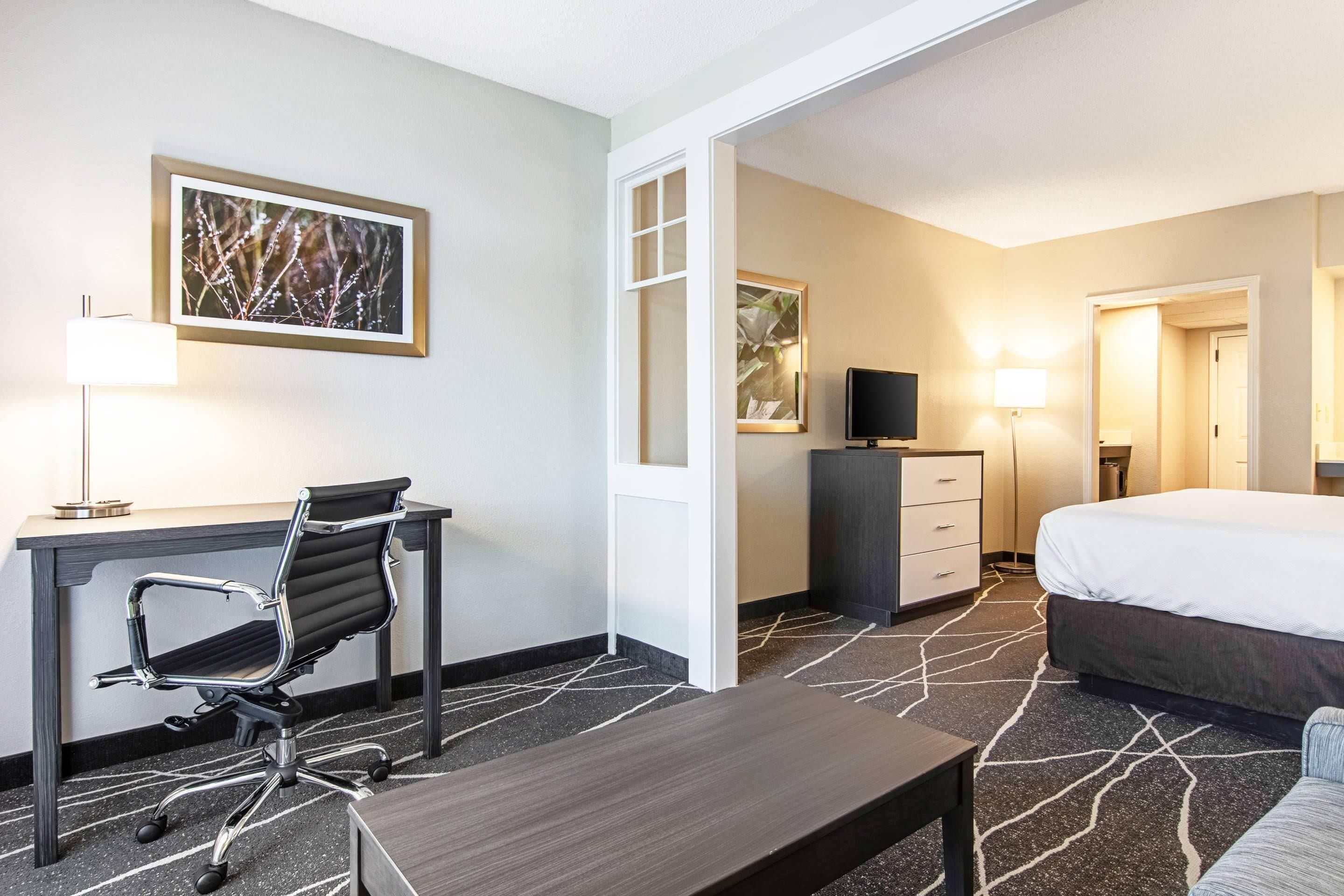 A hotel room with a desk, chair, bed, and a television.