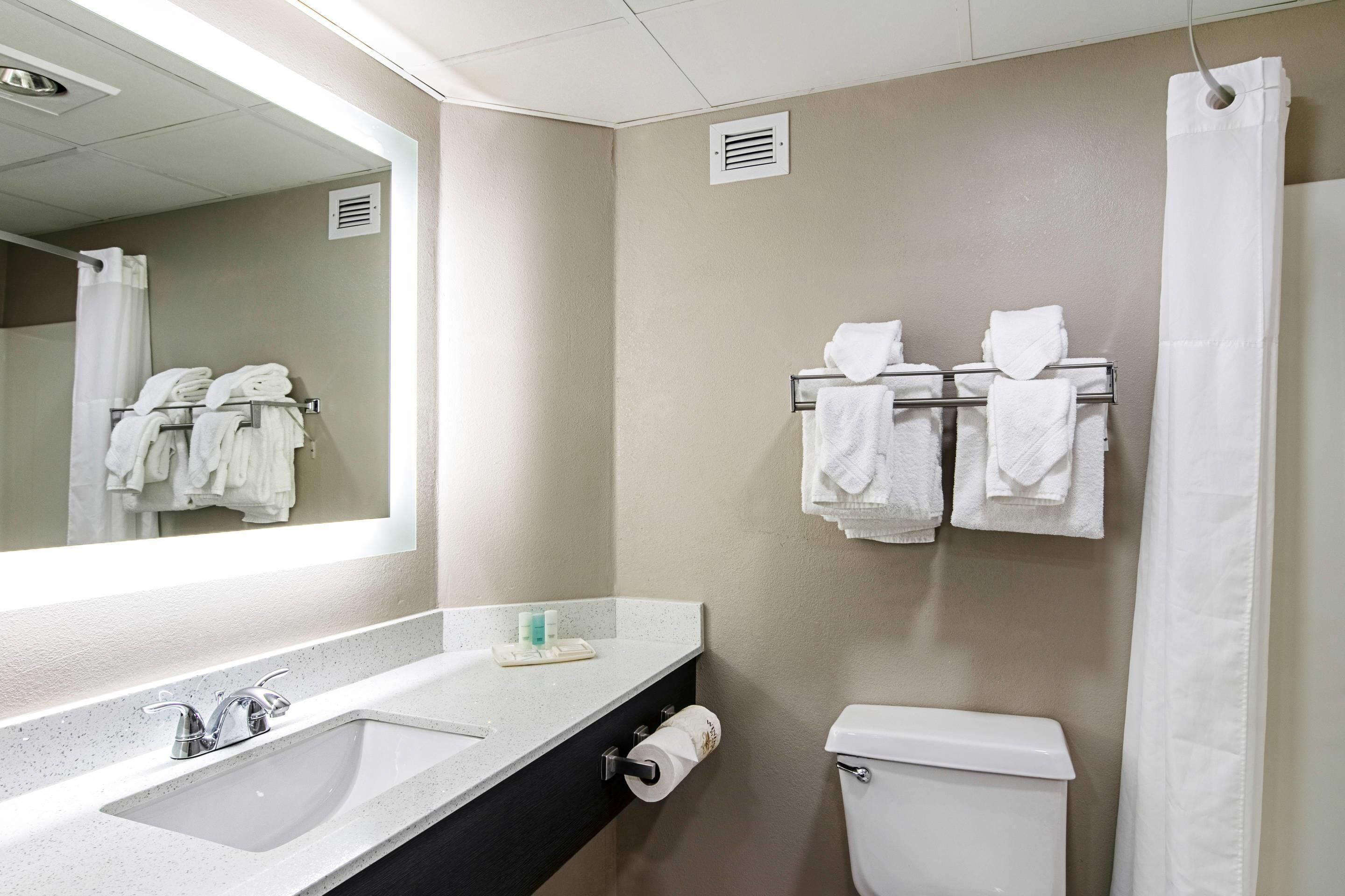 A bathroom with a sink, mirror, towel rack, toilet, and shower curtain.