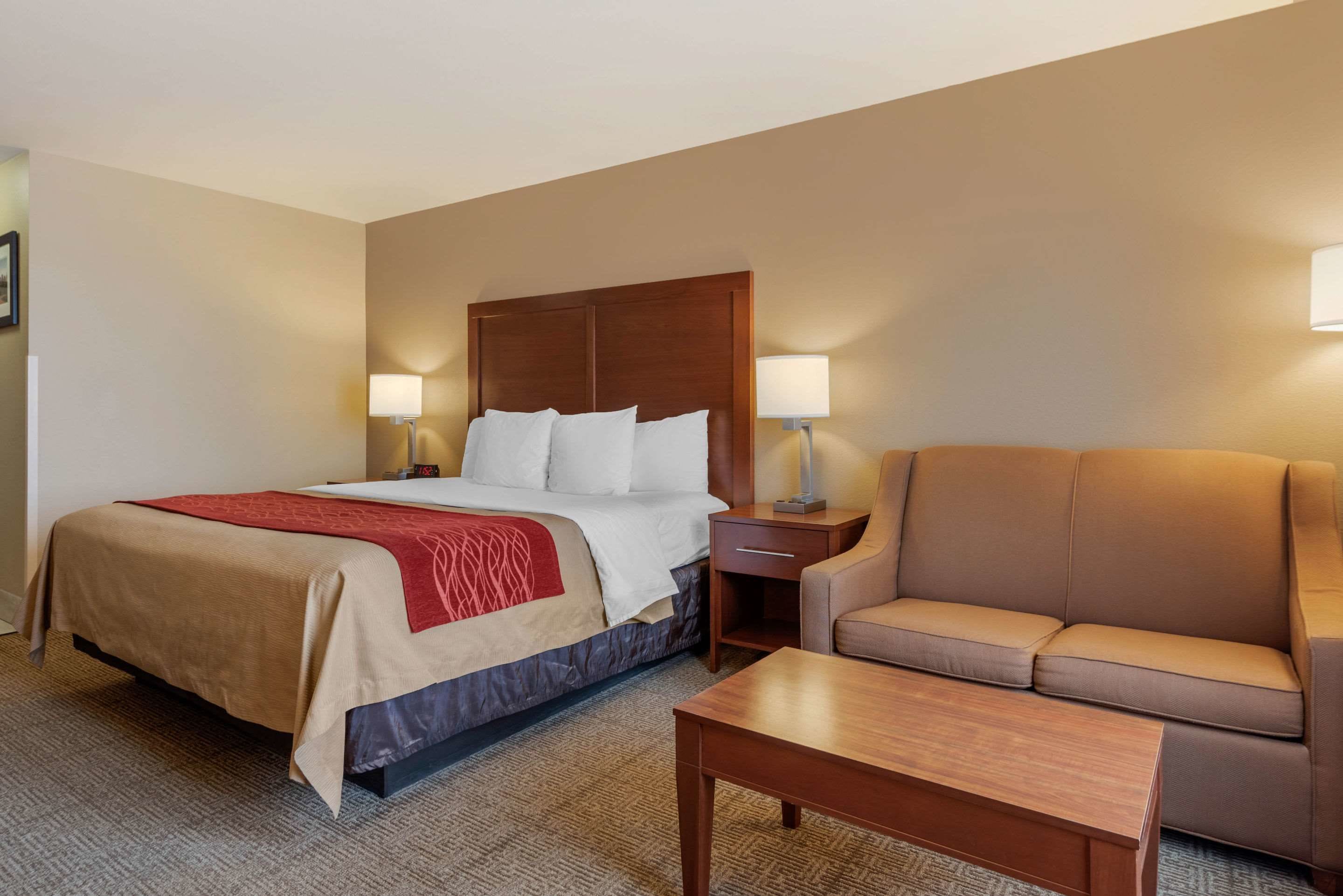 Una habitación de hotel con una cama, un sofá, una mesita de noche y una mesa.