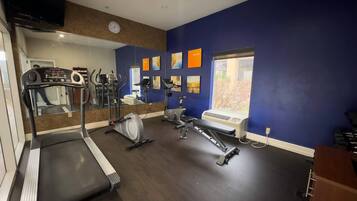 Een sportschool met loopbanden, elliptische trainers en een hometrainer, met een grote spiegel, kunst aan de wanden en een raam met uitzicht.