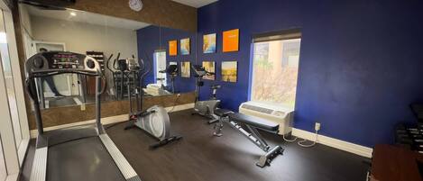 A gym with treadmills, elliptical machines, and a stationary bike, featuring a large mirror, artwork on the walls, and a window with a view.