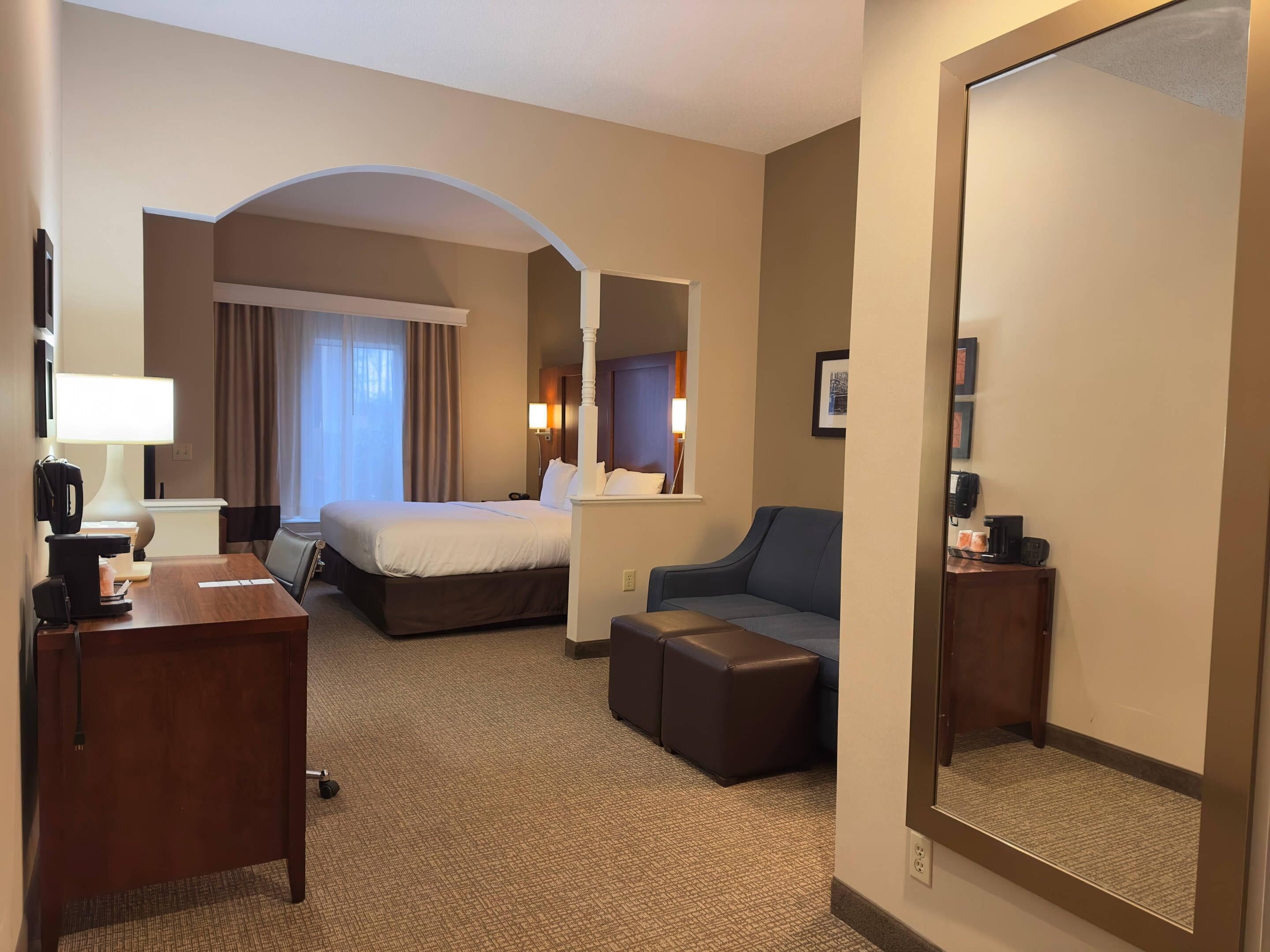 Hypo-allergenic bedding, desk, laptop workspace, iron/ironing board