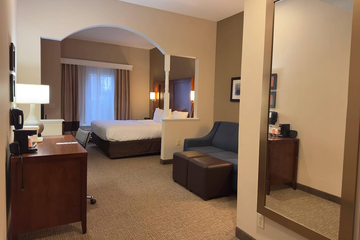 Hypo-allergenic bedding, desk, laptop workspace, iron/ironing board