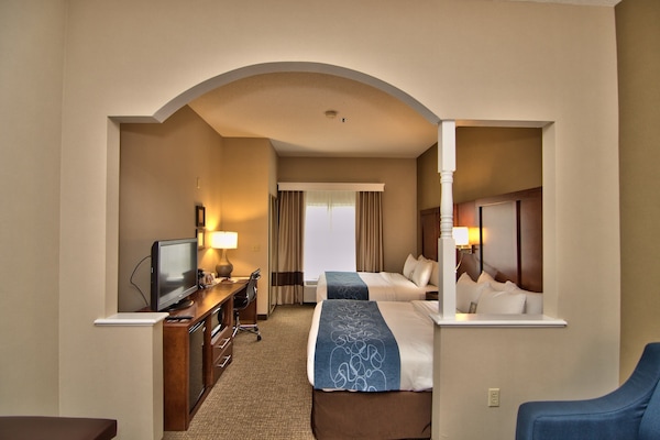 Hypo-allergenic bedding, desk, laptop workspace, iron/ironing board