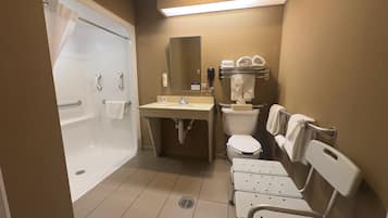 Un baño con bañera, lavamanos, inodoro y un banco accesible para sillas de ruedas.