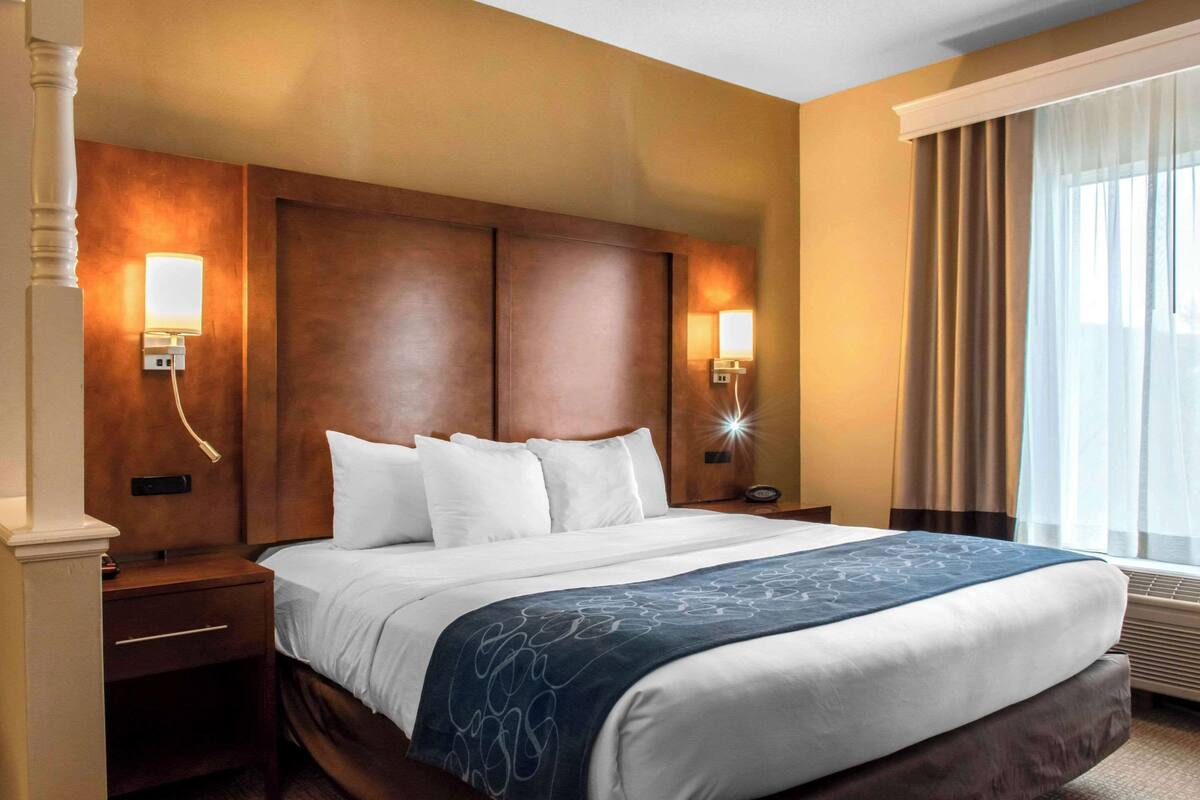 A hotel room with a large bed, two bedside lamps, a nightstand, and a window with curtains.