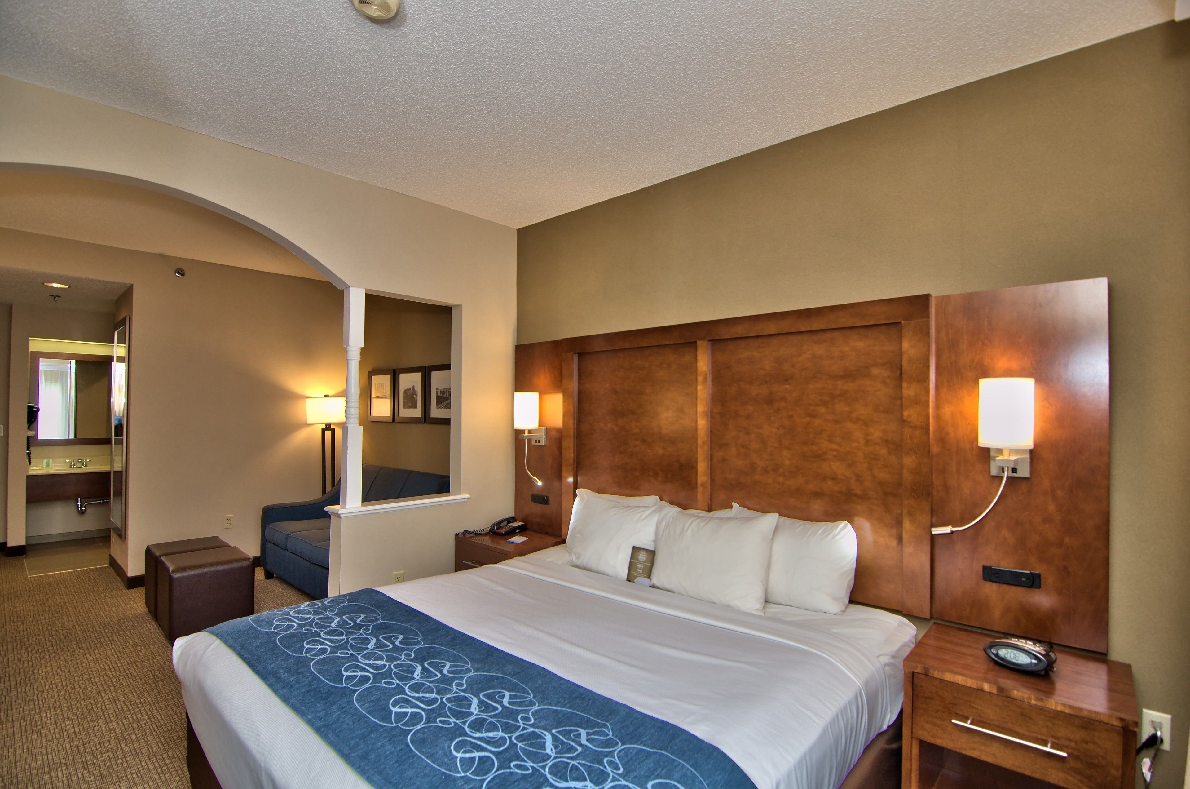 Hypo-allergenic bedding, desk, laptop workspace, iron/ironing board