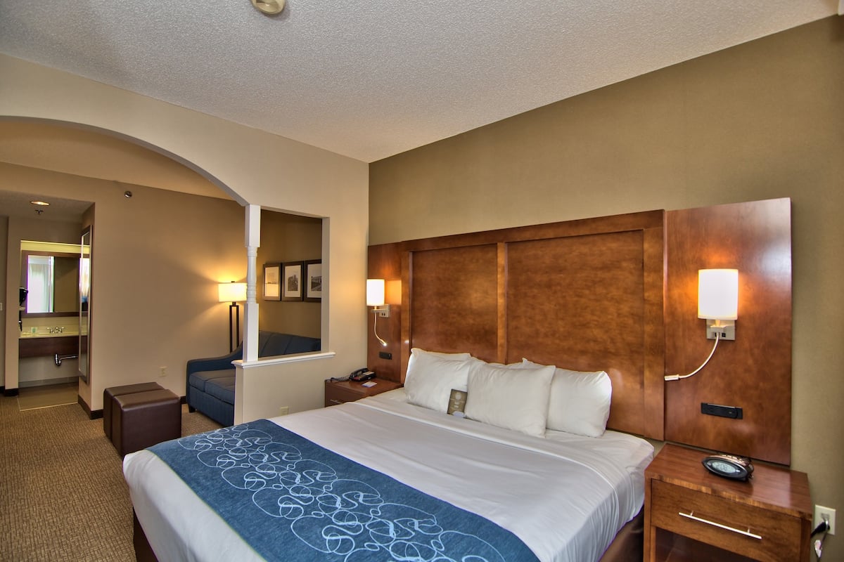 Hypo-allergenic bedding, desk, laptop workspace, iron/ironing board