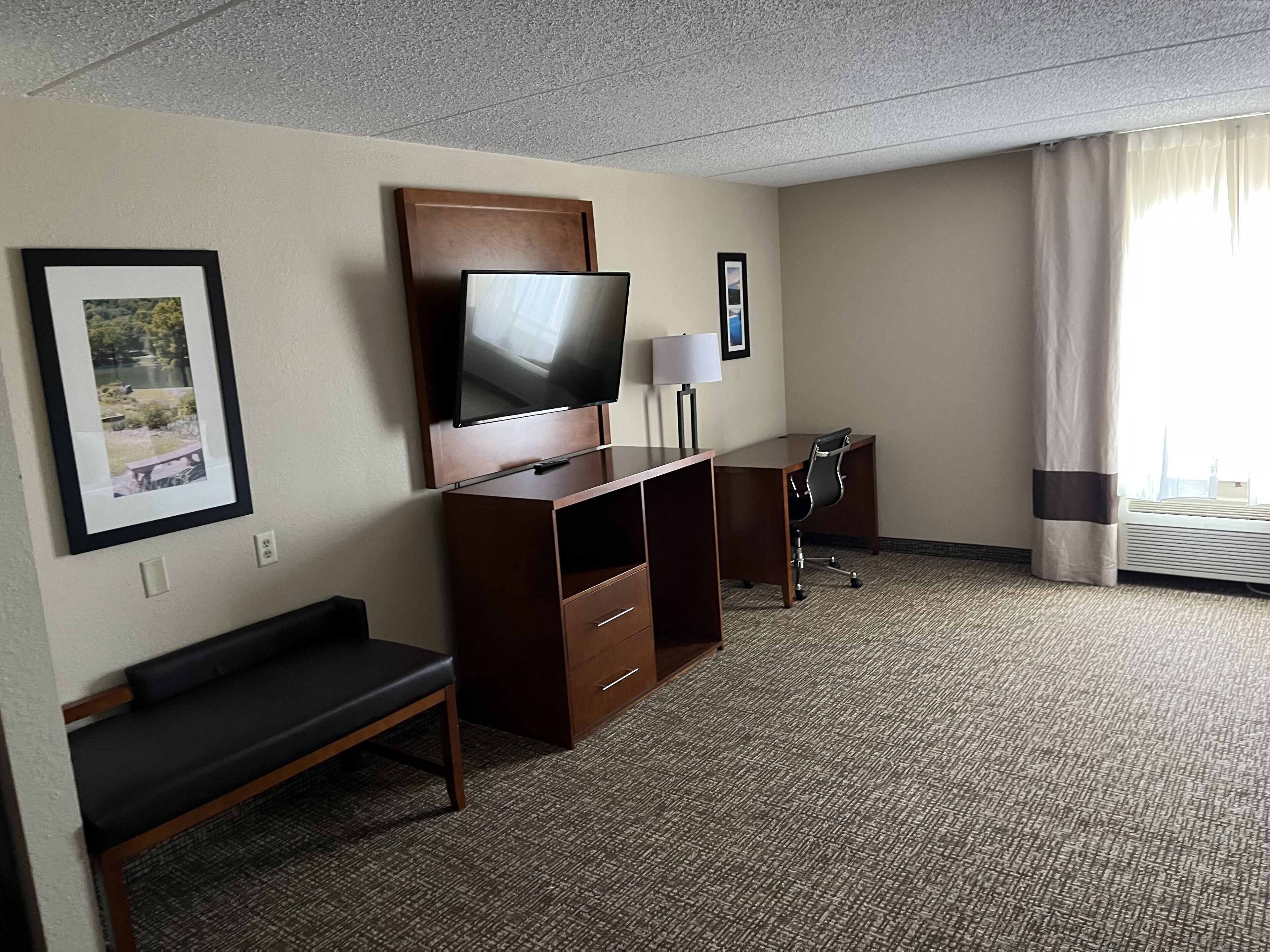 deluxe studio suite, 1 king bed, non smoking | desk, laptop workspace, blackout curtains, iron/ironing board