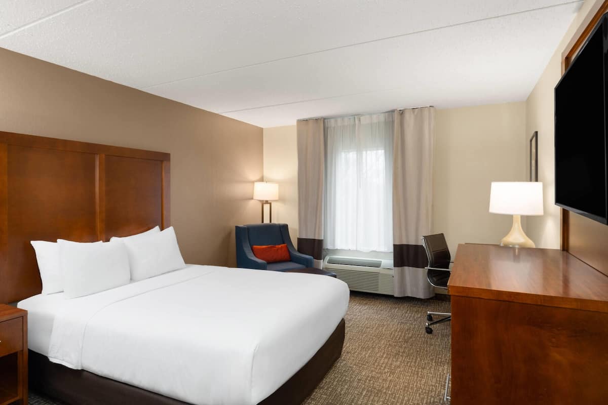 Room, 1 Queen Bed, Accessible, Non Smoking (Mob,Roll-In Shower) | Desk, laptop workspace, blackout drapes, iron/ironing board