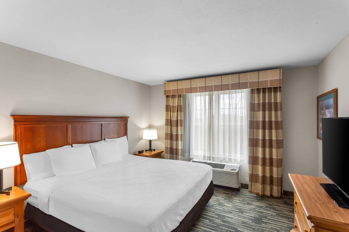 A hotel room with a large bed, a wooden headboard, a bedside table with a lamp, a TV, and a window with curtains.