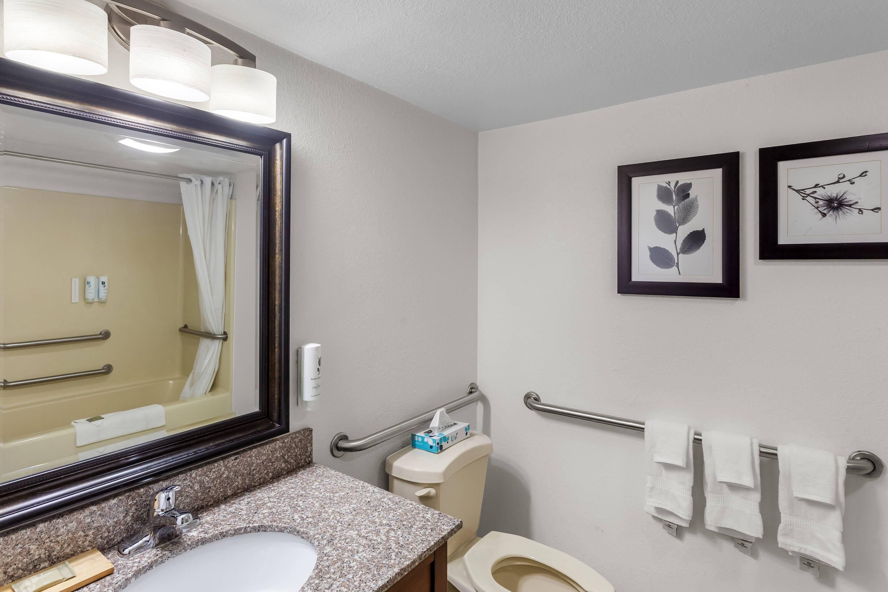 A bathroom with a sink, mirror, toilet, and handrails.