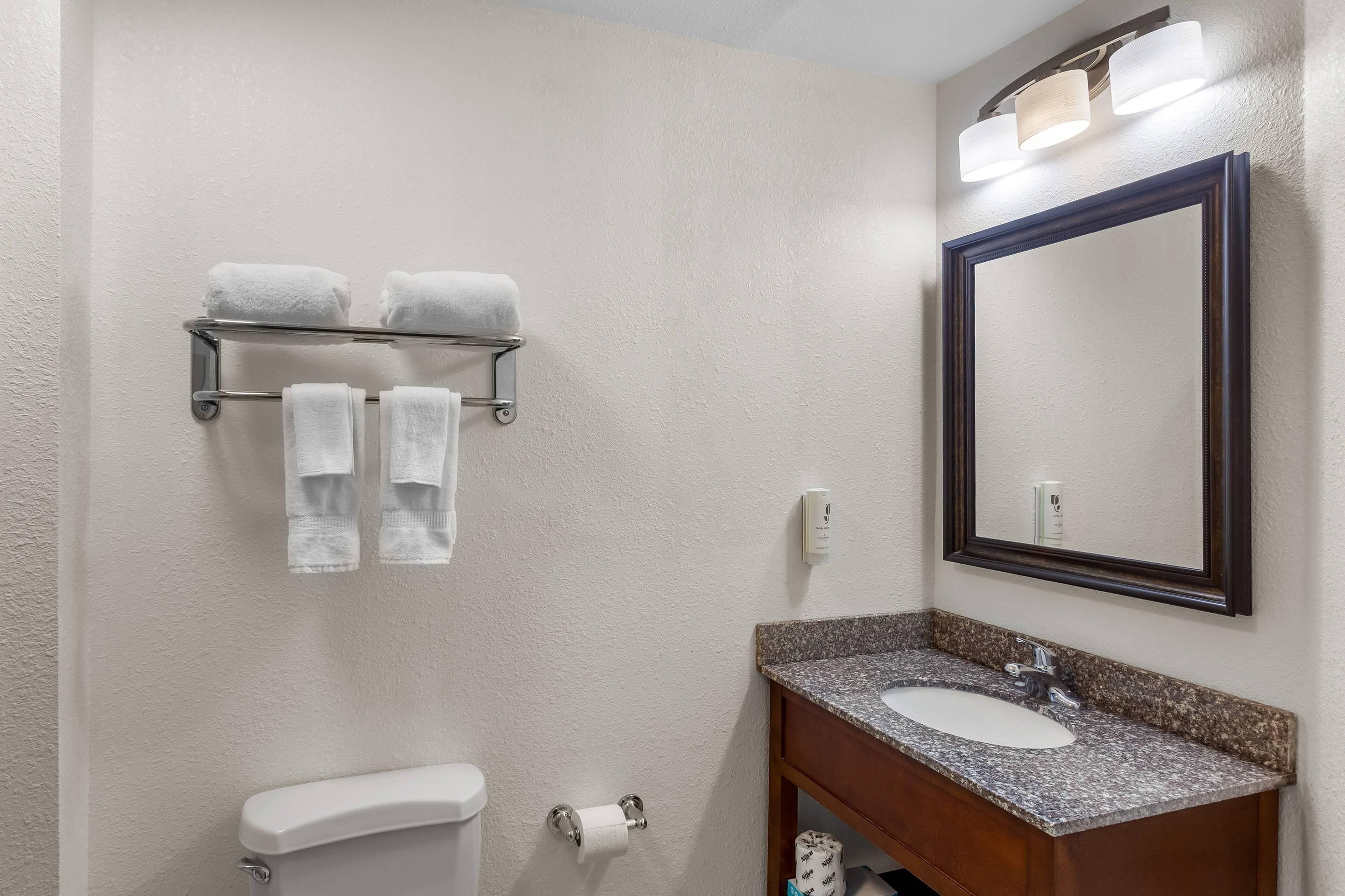 A bathroom with a toilet, sink, mirror, towel rack, and a soap dispenser.