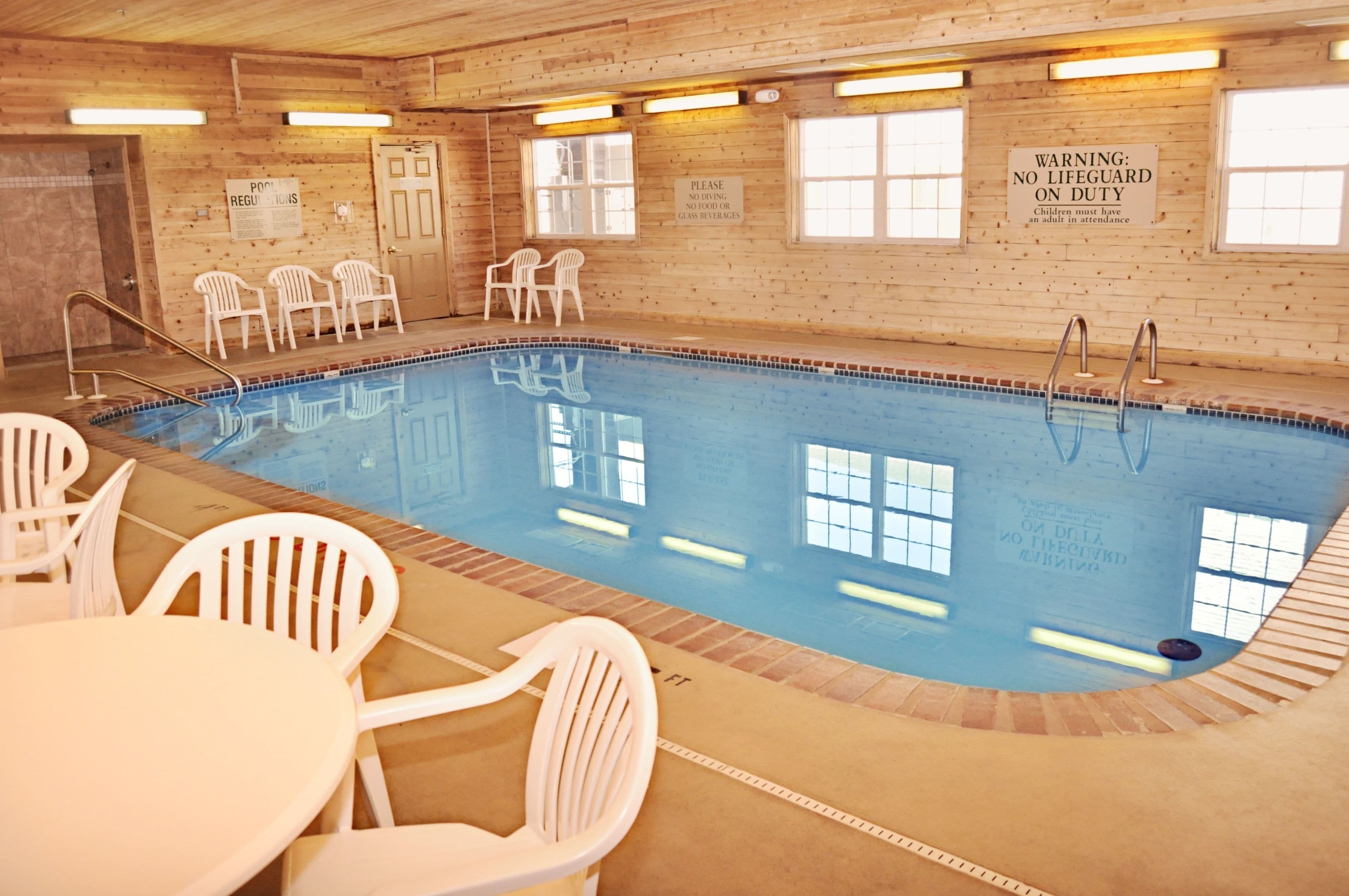 indoor pool, open 8:00 am to 10:00 pm, pool loungers