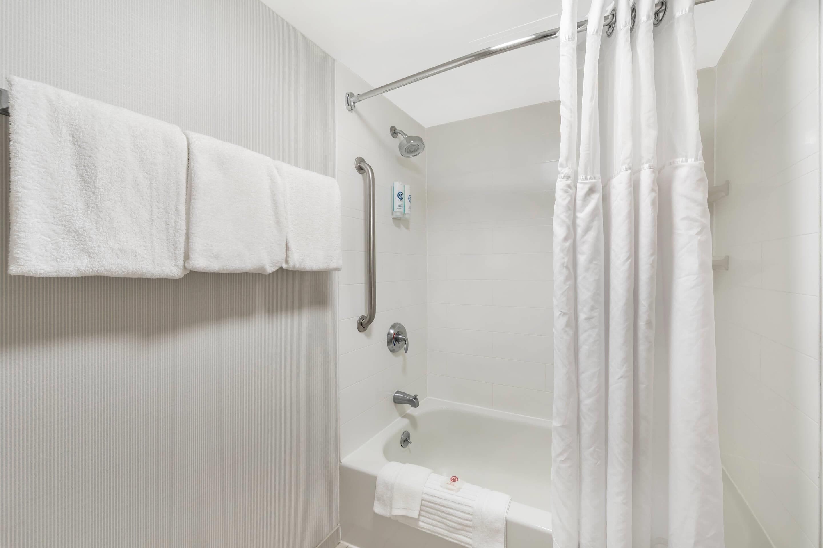 A bathroom with a shower, a bathtub, and a handrail.